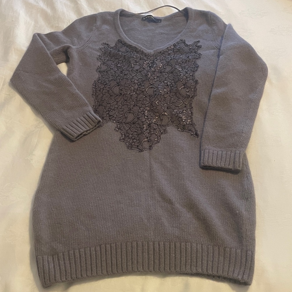 Supertrash Gray V-Neck Sweater with Lace Accent